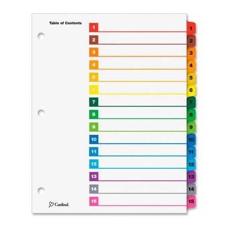 Cardinal Brands Cardinal OneStep Printable T.O.C. Divider, Printed 1, 15, 9"x11", 15 Tabs, White/Multicolor 61518